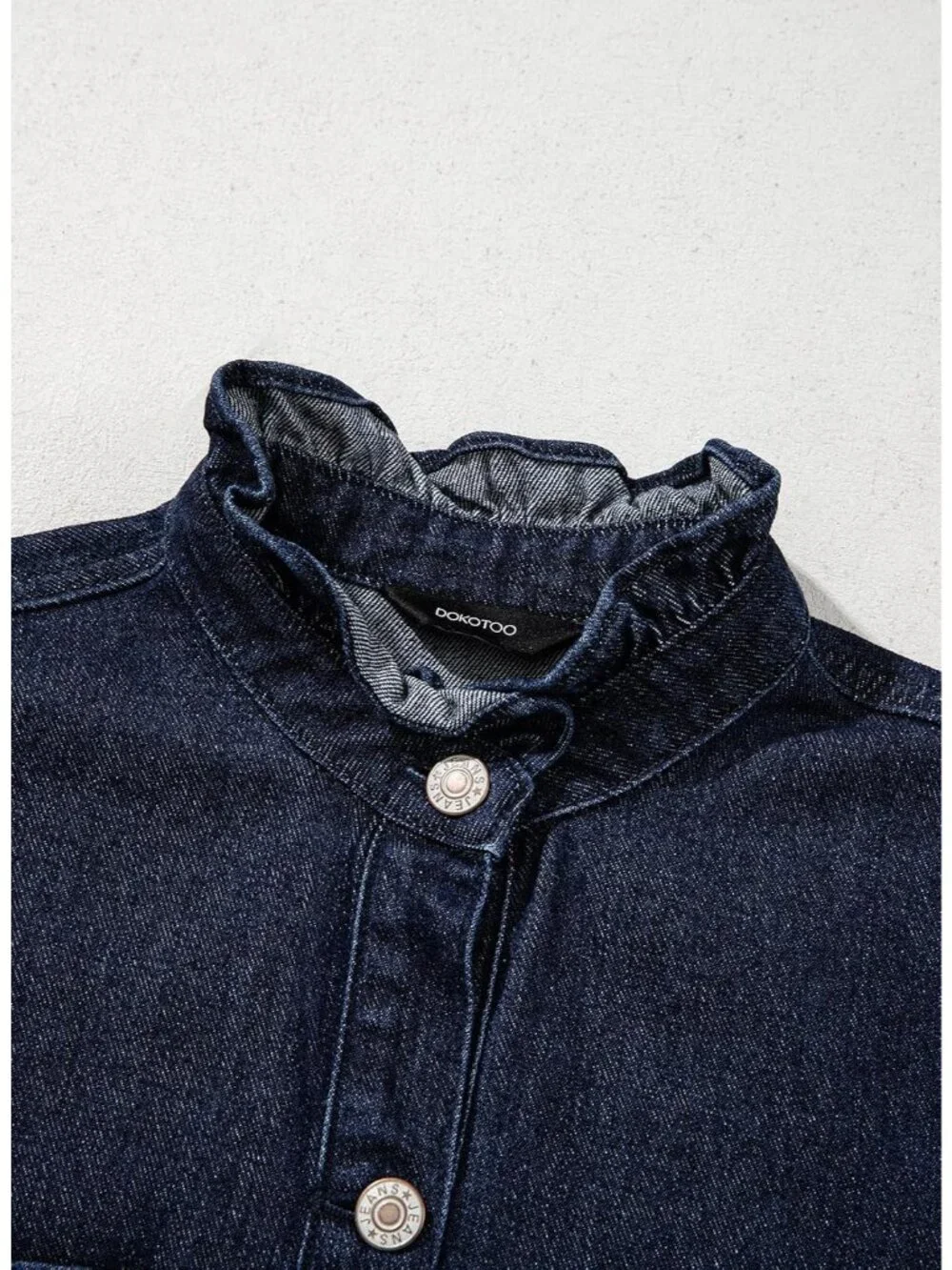 Women's Sail Blue Button Down Ruffle Casual Oversized Cropped Jacket with Pocket